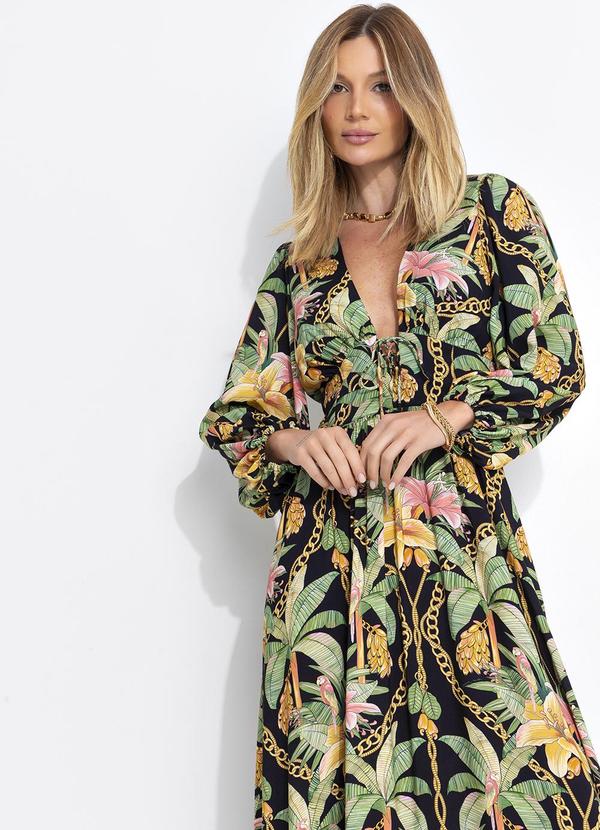 Farm - Vestido Longo Manga Paraíso Tropical Preto 5
