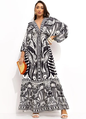 Farm - Vestido Longo Manga Rendeira Preto - FARM