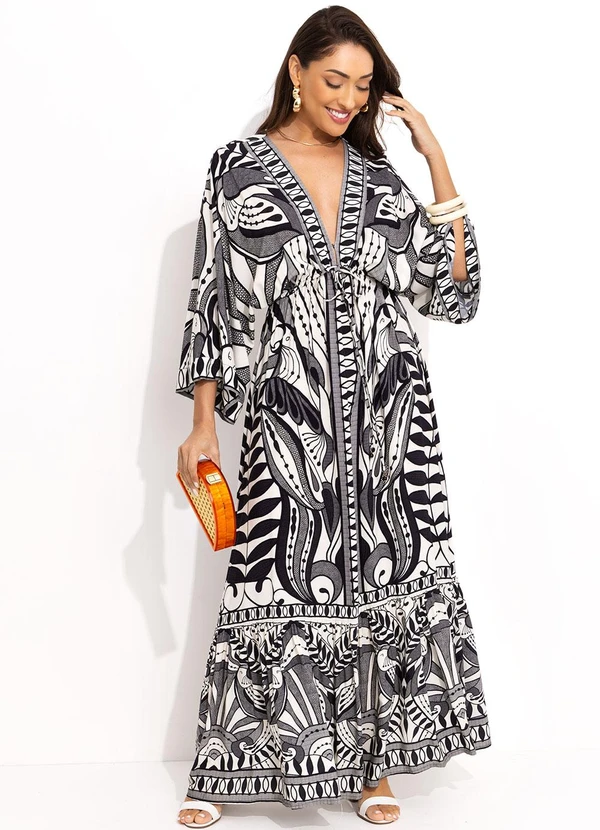 Farm - Vestido Longo Manga Rendeira Preto 4