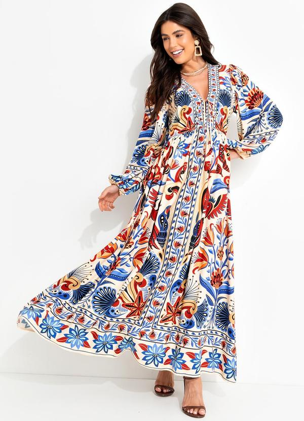 Farm - Vestido Longo Manga Sonho de Mar Bege