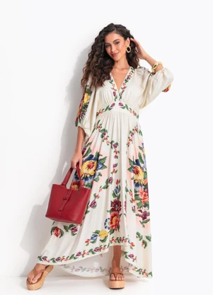 Farm - Vestido Longo Manga Tapete de Flor Bege - FARM