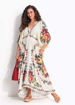 Farm - Vestido Longo Manga Tapete de Flor Bege - FARM