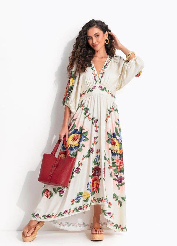 Farm - Vestido Longo Manga Tapete de Flor Bege