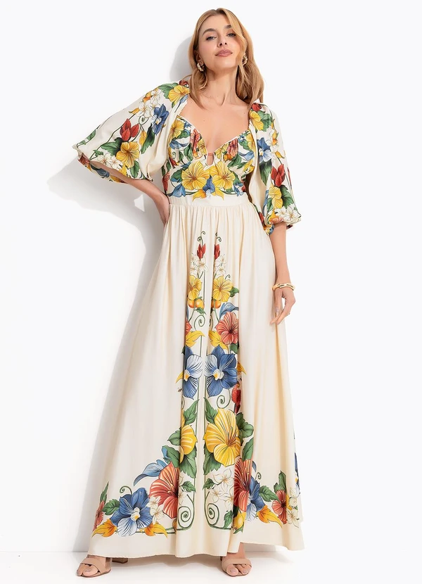 Farm - Vestido Longo Manga Trolocalzinho Lenço Bege