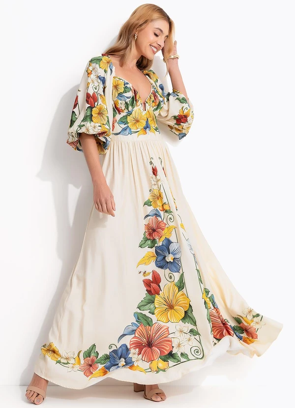 Farm - Vestido Longo Manga Trolocalzinho Lenço Bege 3