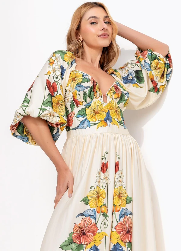 Farm - Vestido Longo Manga Trolocalzinho Lenço Bege 5