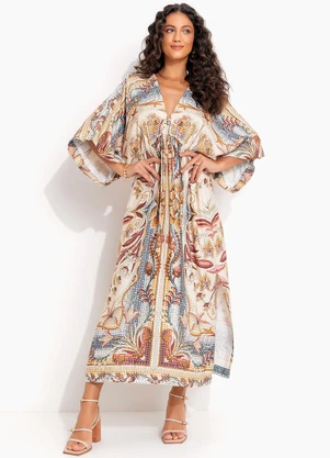 Farm - Vestido Longo Manga Vitral do Mar Bege - FARM