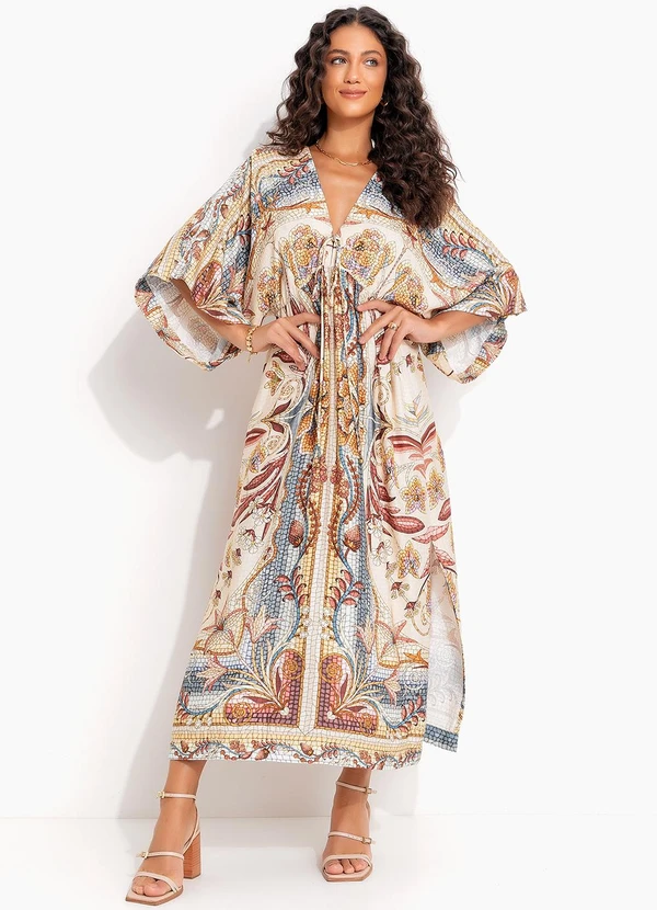 Farm - Vestido Longo Manga Vitral do Mar Bege