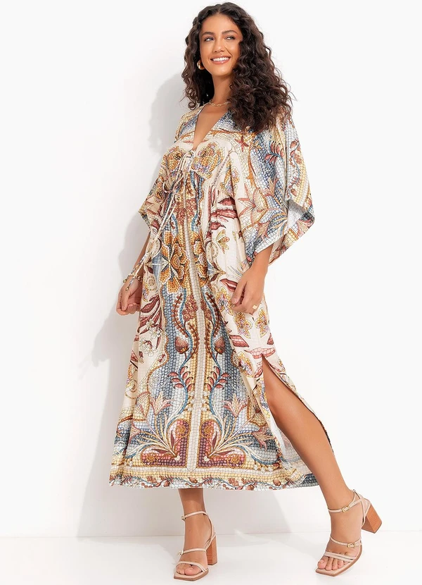 Farm - Vestido Longo Manga Vitral do Mar Bege 3