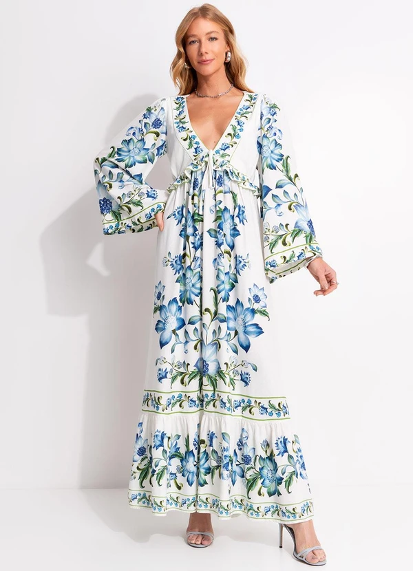 Farm - Vestido Longo Mangas Laura Off White