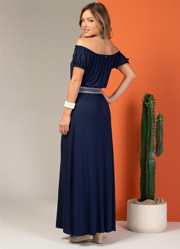 Quintess - Vestido Longo Marinho com Elástico Decorado 2