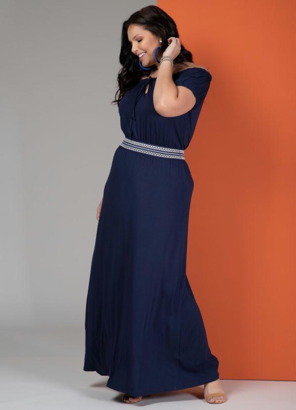 Quintess - Vestido Longo Marinho com Elástico Decorado 3