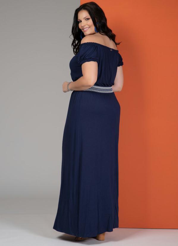 Quintess - Vestido Longo Marinho com Elástico Decorado 4
