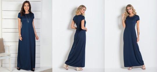 Vestido Longo Marinho com Manga Curta