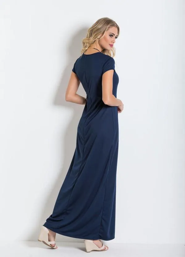Moda Pop - Vestido Longo Marinho com Manga Curta 2