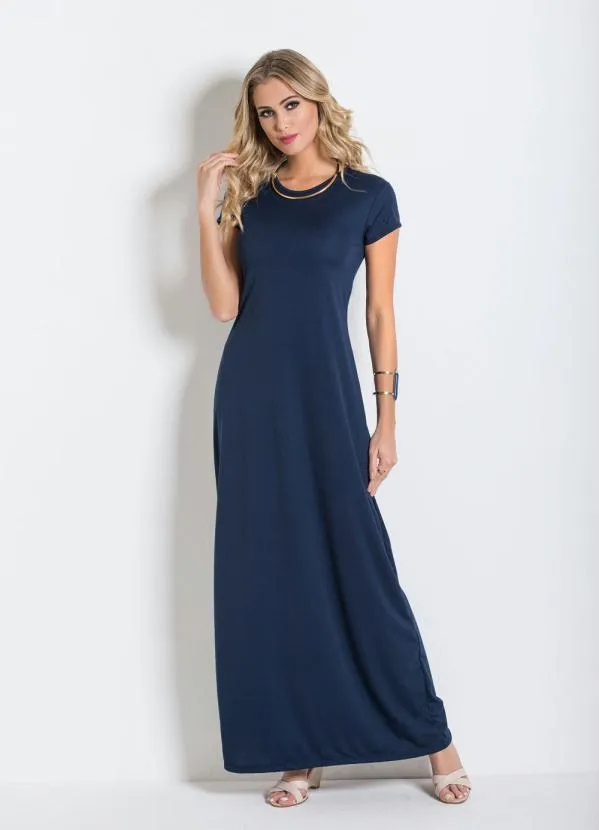 Moda Pop - Vestido Longo Marinho com Manga Curta 3