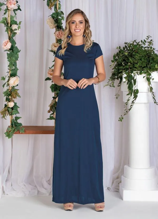 Moda Pop - Vestido Longo Marinho com Manga Curta 4