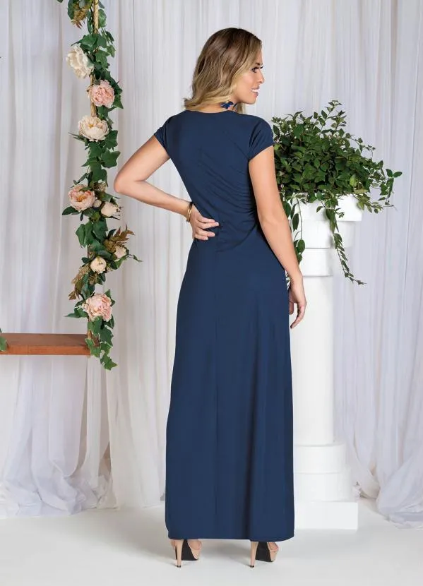 Moda Pop - Vestido Longo Marinho com Manga Curta 5