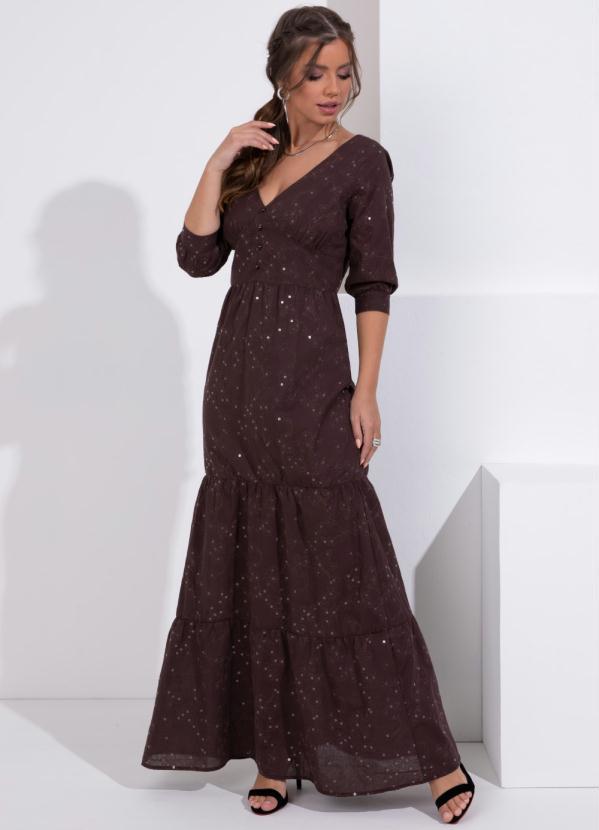 Quintess - Vestido Longo Marrom com Bordados e Paetês