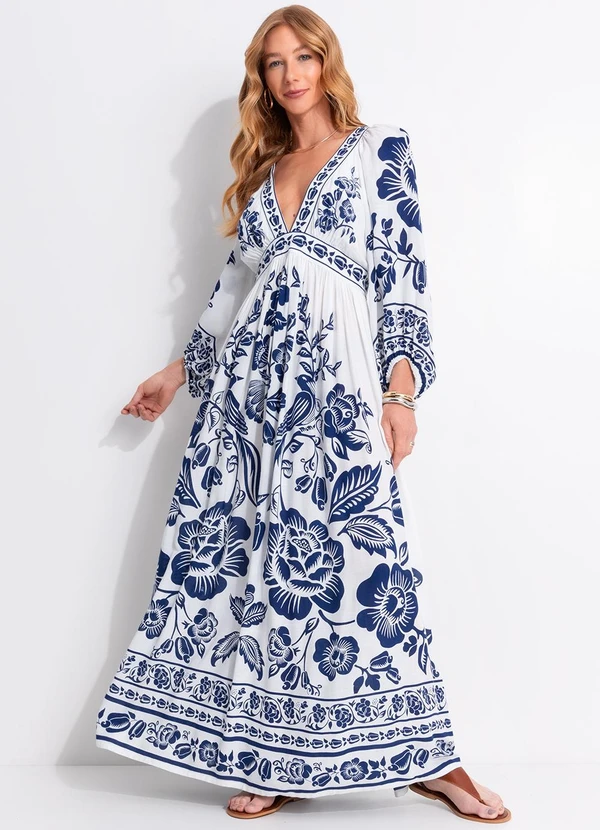 Farm - Vestido Longo Noite de Pássaro Azul