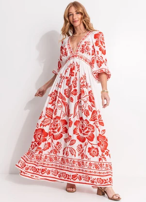 Farm - Vestido Longo Noite de Pássaro Off White - FARM