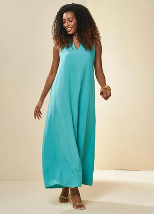 Doce Trama - Vestido Longo Oliva em Viscose Azul - DOCE TRAMA