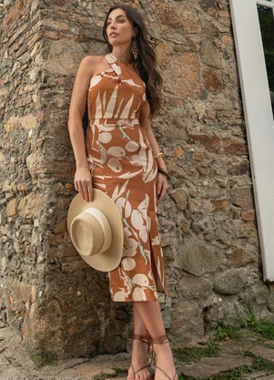 Doce Trama - Vestido Longo Oliva Estampado Estampado - DOCE TRAMA