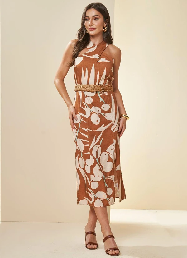 Doce Trama - Vestido Longo Oliva Estampado Estampado 4