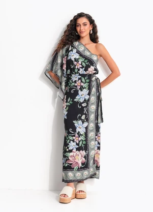 Farm - Vestido Longo Ombro Só Flor de Outono Preto - FARM
