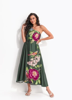 Farm - Vestido Longo Ombro Só Flor de Pássaro Verde - FARM