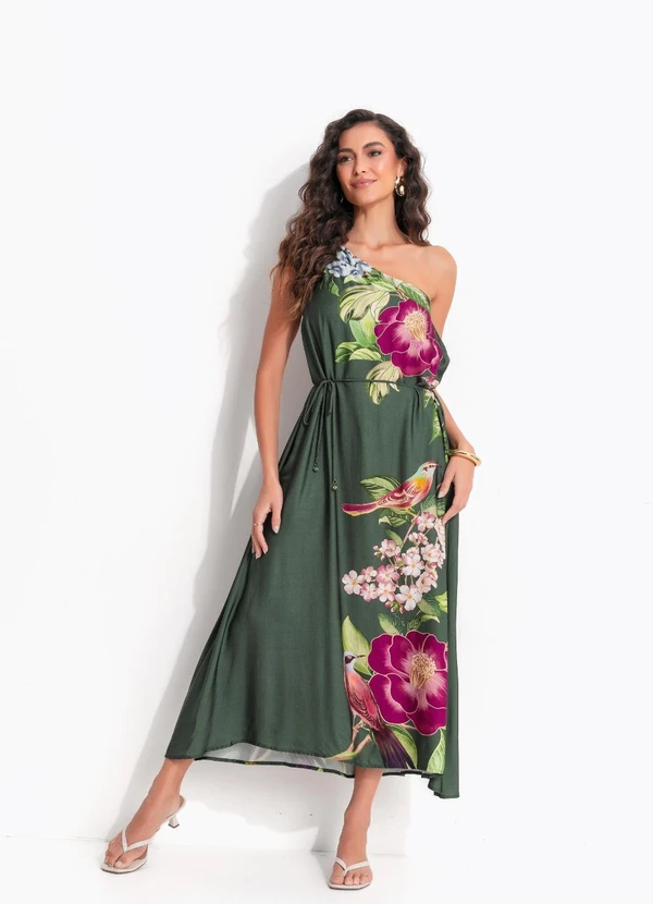 Farm - Vestido Longo Ombro Só Flor de Pássaro Verde