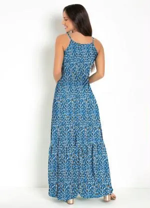 Moda Pop - Vestido Longo Onça Azul com Babado na Barra - MODA POP