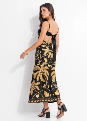 Farm - Vestido Longo Ourinho Tropical Preto - FARM
