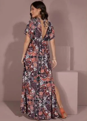 Quintess - Vestido Longo Paisley com Decote Profundo - QUINTESS