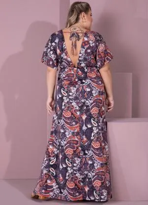 Quintess - Vestido Longo Paisley com Decote Profundo - QUINTESS