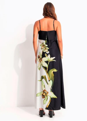 Farm - Vestido Longo Pala Floral Orquídea Preto - FARM