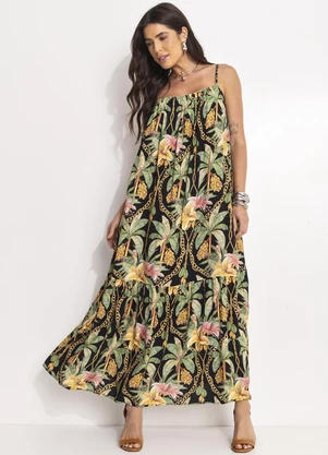 Farm - Vestido Longo Paraíso Tropical Preto - FARM
