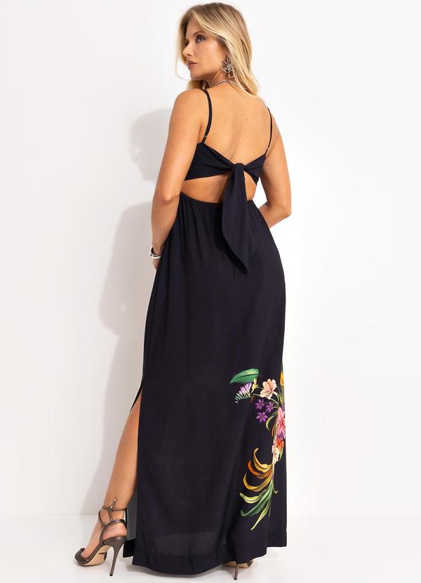 Farm - Vestido Longo Pássaro em Flor Localizado Preto 2