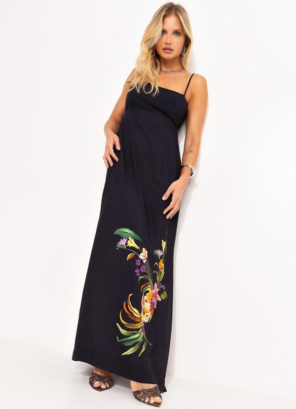 Farm - Vestido Longo Pássaro em Flor Localizado Preto 3