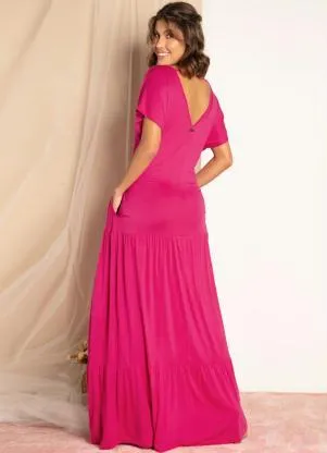Quintess - Vestido Longo Pink com Recortes em Camadas - QUINTESS