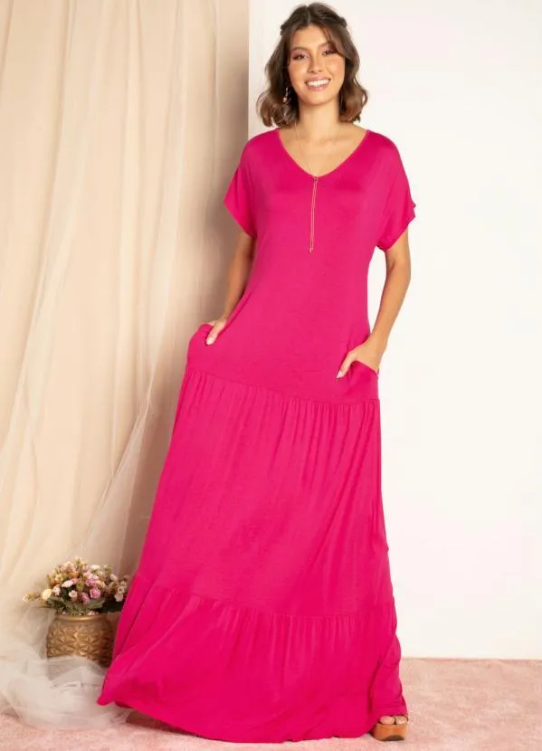 Quintess - Vestido Longo Pink com Recortes em Camadas