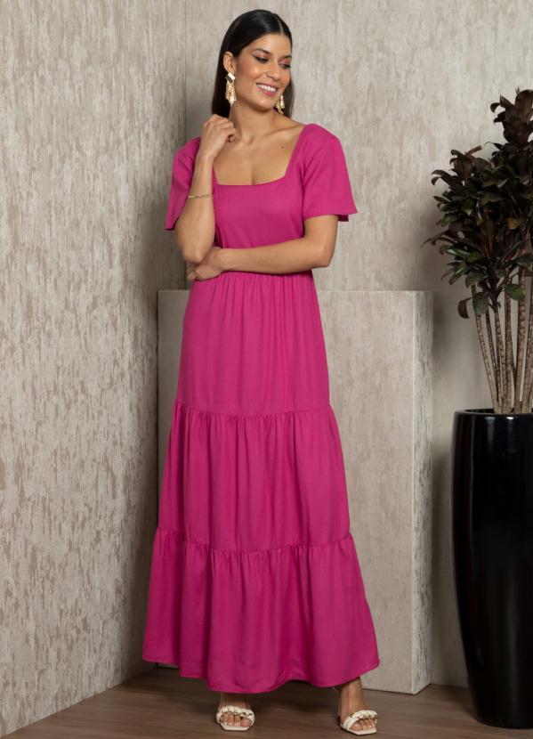 Vestido Longo Pink de Linho com Camadas Quintess