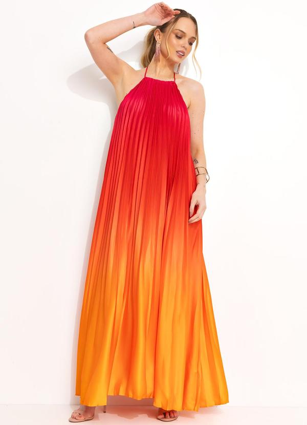 Farm - Vestido Longo Plissado Degrade Laranja