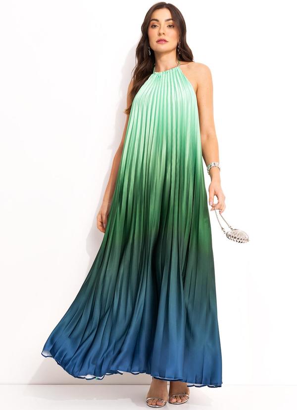 Farm Vestido Longo Plissado Degrade Verde