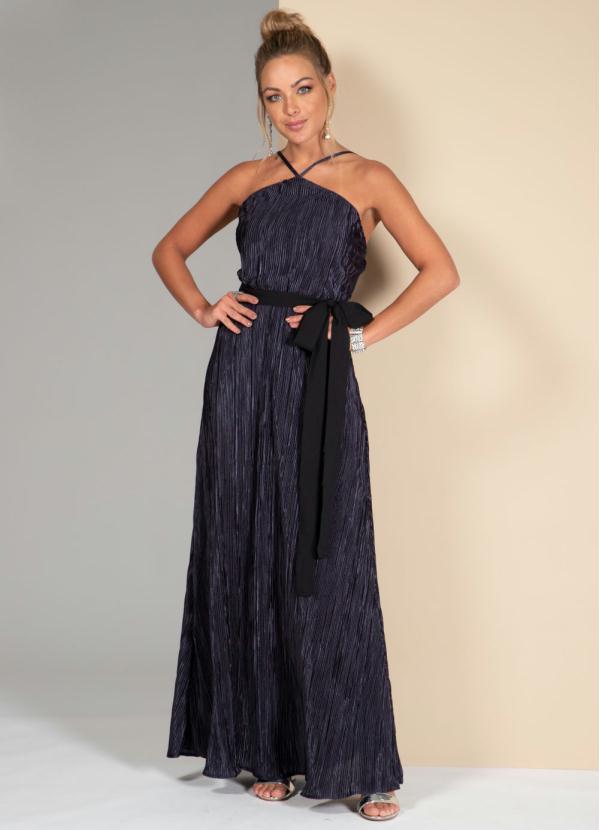 Quintess - Vestido Longo Plissado Marinho com Faixa