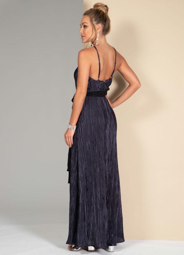 Quintess - Vestido Longo Plissado Marinho com Faixa 2