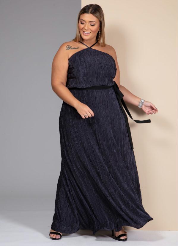 Quintess - Vestido Longo Plissado Marinho com Faixa 3