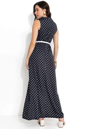 Moda Pop - Vestido Longo Poá Preto com Gola Alta - MODA POP