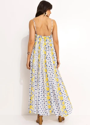 Farm - Vestido Longo Pregas em Viscose Off White - FARM