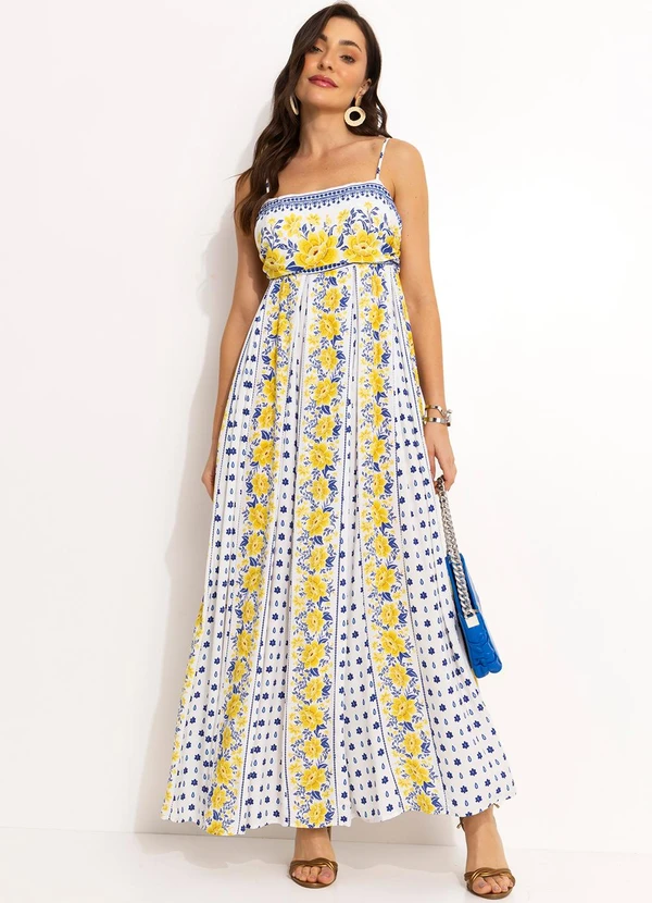 Farm - Vestido Longo Pregas em Viscose Off White